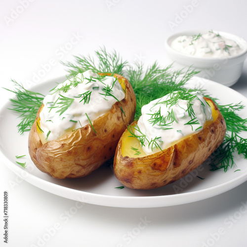 baked potatoes with yogurt sauce and dill, white background