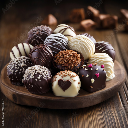 Dark, milk and white chocolate candies, pralines, truffles, assorted on wooden table. Dessert for Valentine's Day