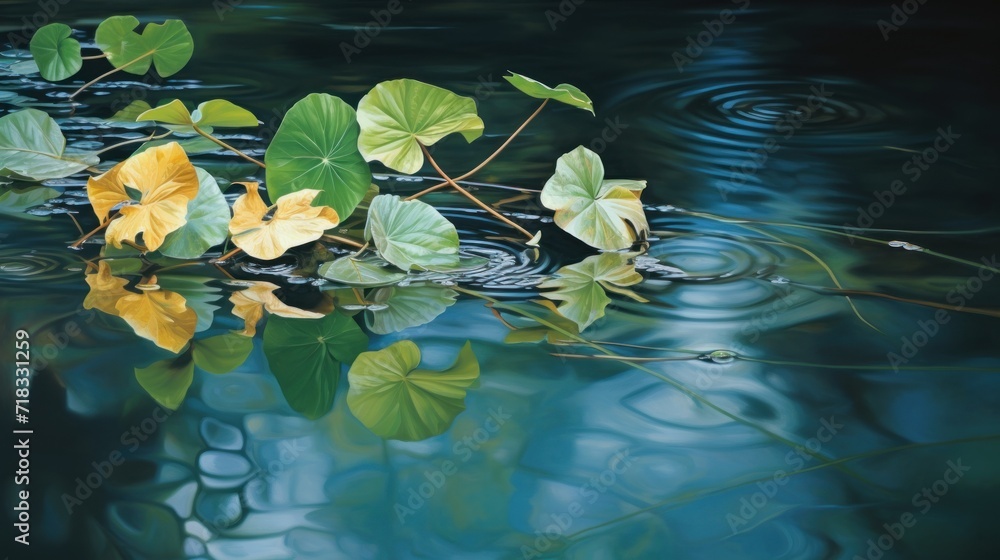 a painting of leaves floating on top of a body of water with ripples in the middle of the water. a painting of leaves floating on top of a body of water with ripples in the middle of the water.