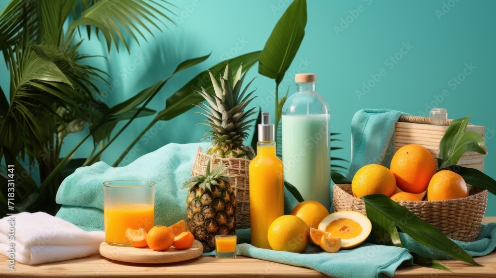 a table topped with a pineapple, oranges, a bottle of juice and a plate of oranges. a table topped with a pineapple, oranges, a bottle of juice and a plate of oranges.