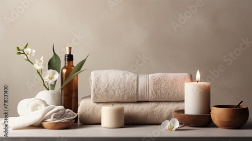  a table topped with towels and candles next to a vase filled with flowers and a bottle of lotion on top of it.