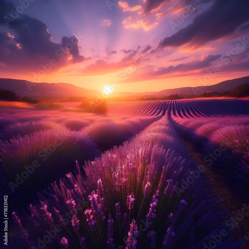 Majestic Sunset Over Vibrant Lavender Fields With Mountain Backdrop in Summer