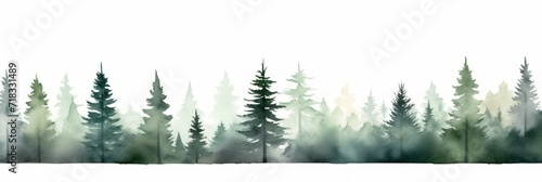 Watercolor Fir Tree Line on White Background Generative AI