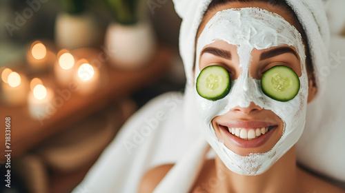 portrait of a female model with care mask on the face and cucumber slices on her eyes