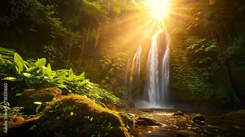 Nature and landscape wallpaper of a waterfall in a forest with sun ray
