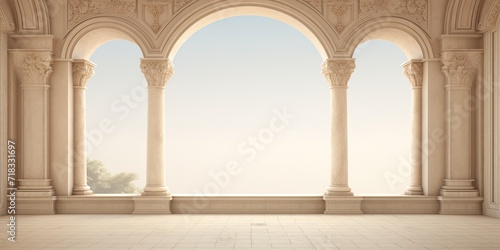 Print op canvas ed wall with antique colonnade and decorative frame in the background