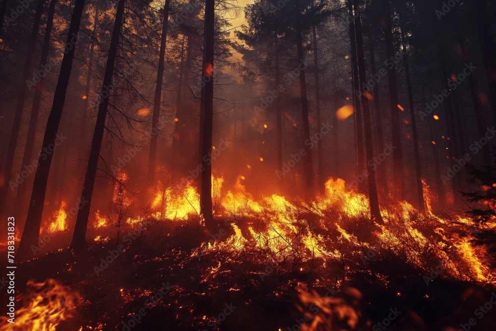 Photography Forest fire with trees on fire.
