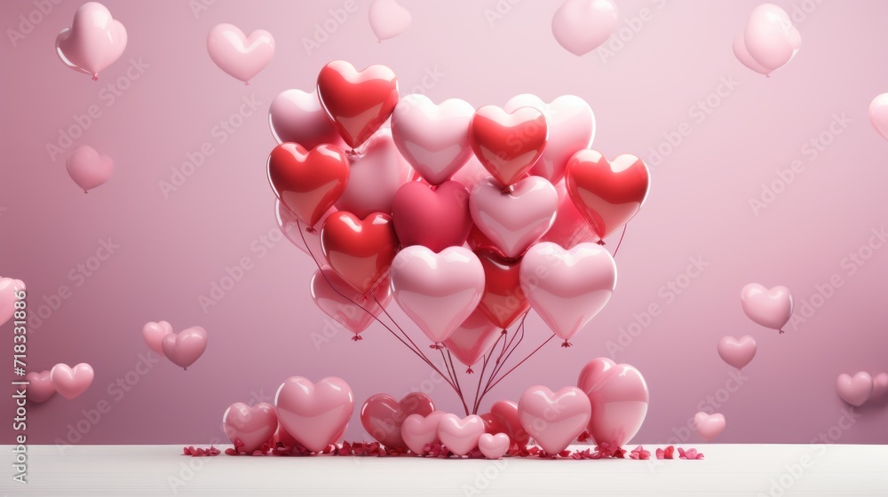  a bunch of heart - shaped balloons floating in the air in front of a pink background with hearts floating in the air.