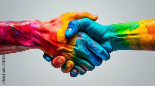 peace, agreement, collaboration, community between group of diverse cultures and race. multi color rainbow diversity handshake vector illustration background. photo