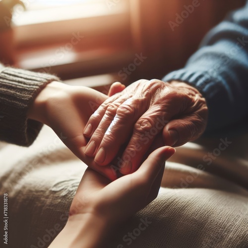 Gentle young hands envelop an elder's, a serene moment of compassion and solace indoors photo