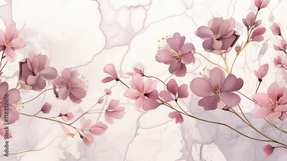  a close up of pink flowers on a white marbled wall with a pink and gold design in the background.