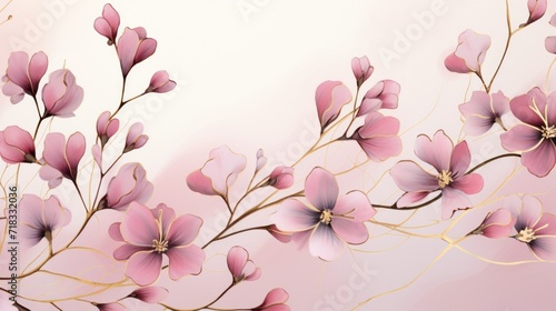  a painting of a branch with pink flowers on a white and pink background with a gold border around the branch.