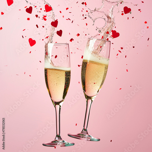 two glasses of champagne with red ribbon