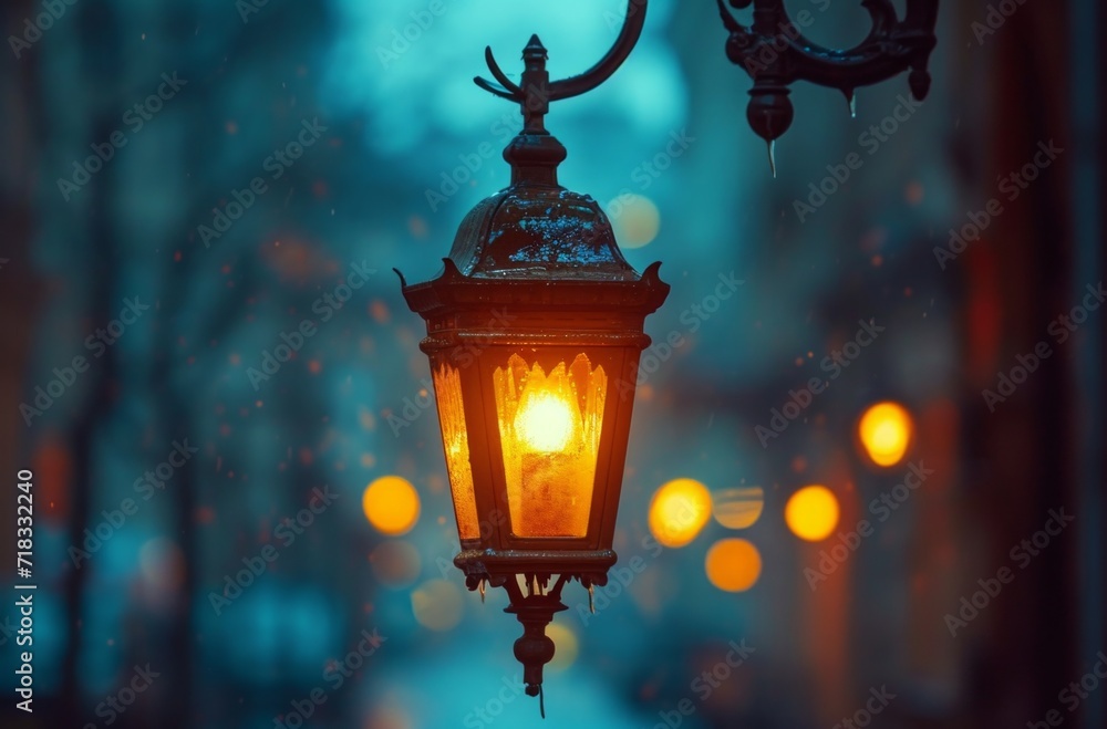 a shabby elegant lantern lit in a city in a bright light