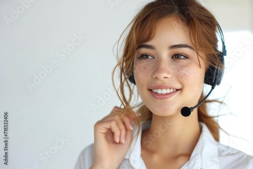 Young businesswoman wearing headset, smiling, white background
