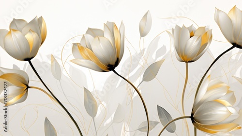  a close up of a bunch of flowers with leaves on a white background with a white wall in the background.