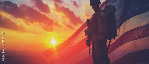 Soldier and USA flag on sunrise background .Concept National holidays , Flag Day, Veterans Day, Memorial Day, Independence Day, Patriot Day. photo