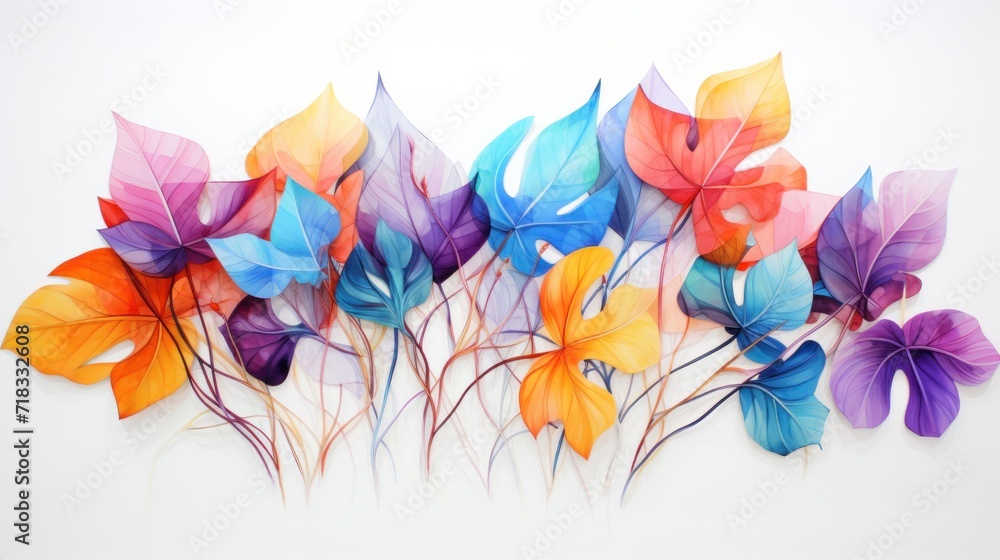  a group of multicolored leaves on a white background with a shadow of the leaves on the left side of the image.