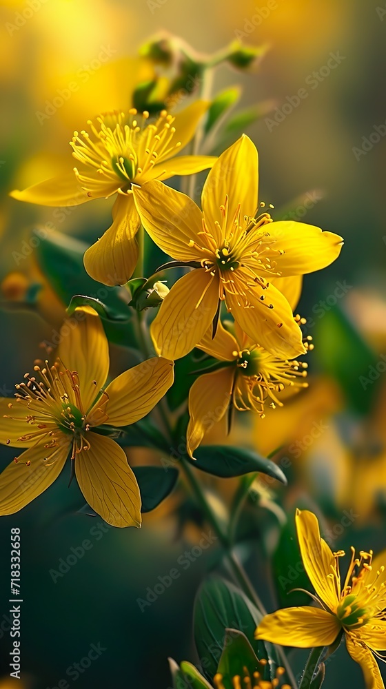 Obraz premium Yellow flowering in forest St Johns wort (Hypericum perforatum) with green leaves in background, close up
