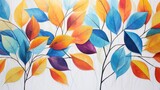 a painting of a bunch of colorful leaves on a white background with a blue sky in the backround.