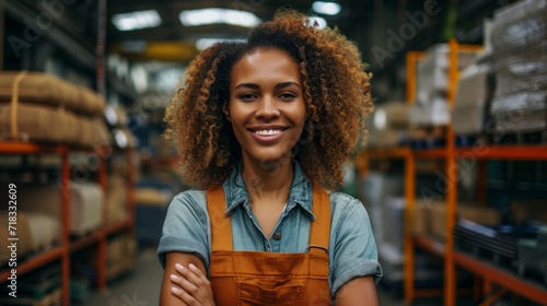 a smiling women in an industrial warehouse