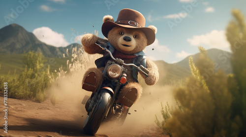 Teddy Bear Riding Motorcycle on Dirt Road. Generative AI