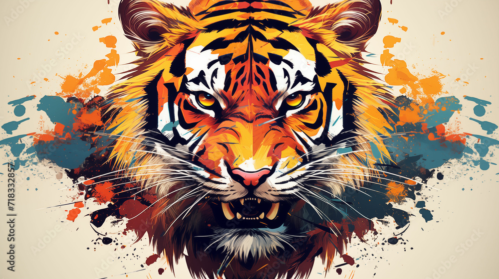 Tiger Face With Colorful Paint Splatters, Majestic and Vibrant Wildlife Portrait. Generative AI.