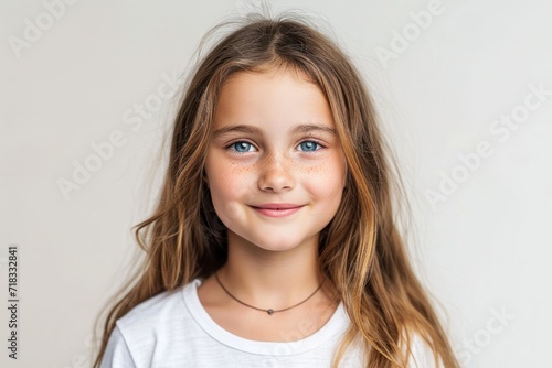 Smiling girl with brown hair against white background