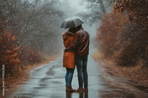 a couple kissing on a path out of a rainy day