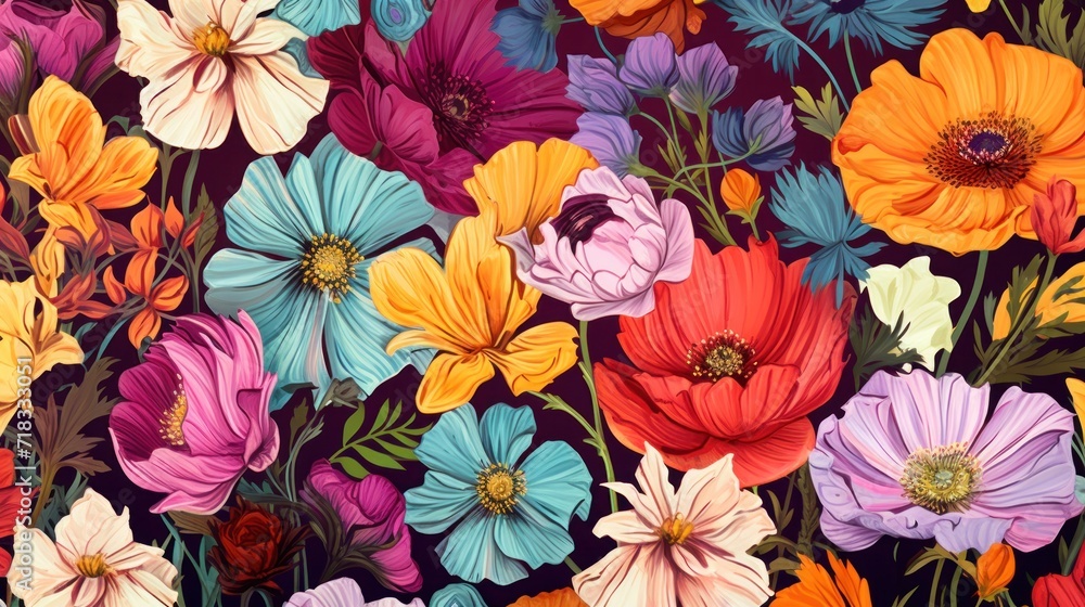 a bunch of colorful flowers that are on a purple background with red, yellow, orange, and blue flowers. a bunch of colorful flowers that are on a purple background with red, yellow, orange, and blue flowers.