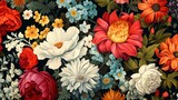  a close up of a bunch of flowers on a black background with red, white, yellow, and blue flowers.