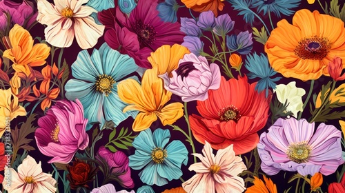 Wallpaper Mural  a bunch of colorful flowers that are on a purple background with red, yellow, orange, and blue flowers. Torontodigital.ca