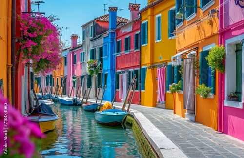 colorful canal with houses with boats docked in the water