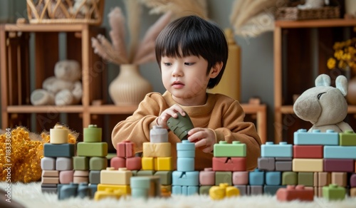 a little boy is playing with building blocks