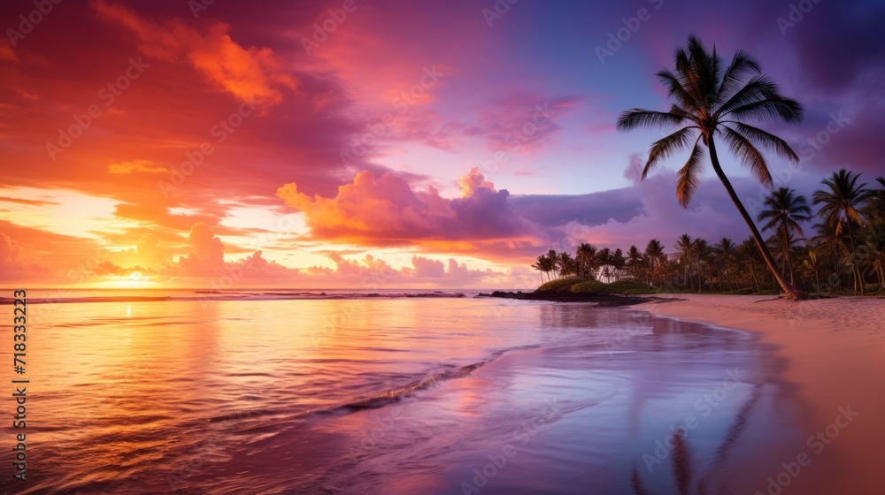  a beautiful sunset on a tropical beach with palm trees in the foreground and the ocean in the foreground.
