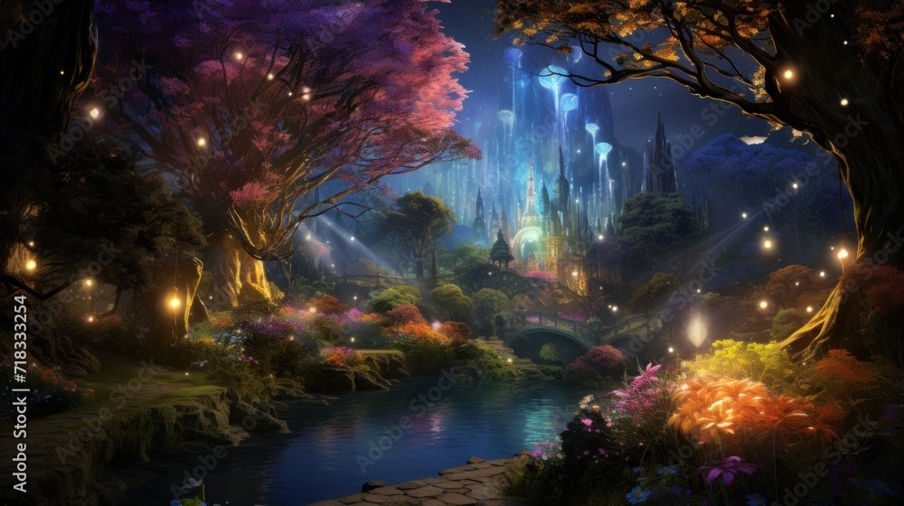 Enchanted forest landscape with magical trees and glowing lights. Fantasy world.