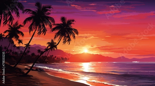  a painting of a sunset over the ocean with palm trees in the foreground and a mountain range in the background.