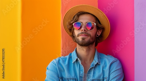 minimalist vivid advertisment background with handsome shef and copy space