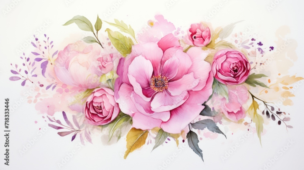  a watercolor painting of pink flowers on a white background with leaves and flowers in the middle of the frame.
