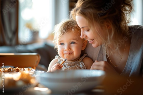 Single mother feeding baby daughter at home photo