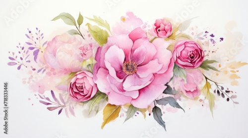  a watercolor painting of pink flowers on a white background with leaves and flowers in the middle of the frame. © Anna
