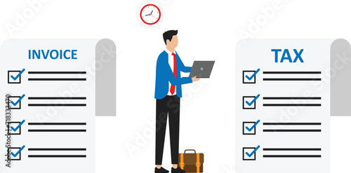 Businessman cartoon character standing feeling not free in fetter between tax and debt concept
