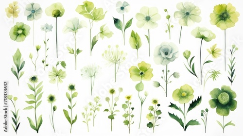  a bunch of flowers that are painted in watercolor on a white background with green leaves and flowers on each side of the image.