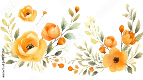  a watercolor painting of orange flowers with green leaves and buds on a white background with a place for text.