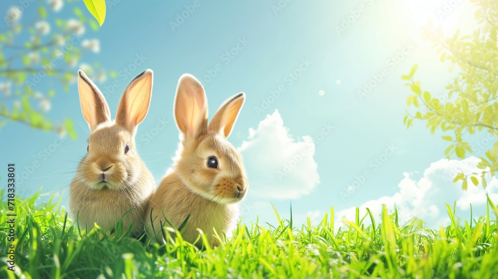 Fototapeta premium Two Rabbits Sitting in the Grass Under a Blue Sky Copy Space, Perfect for Easter and Spring Themes