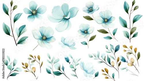  a set of flowers and leaves painted in watercolor on a white background stock photo - budget - free stock photo. © Anna