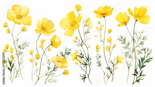  a bunch of yellow flowers with green leaves on a white background with a white back ground and a white back ground.