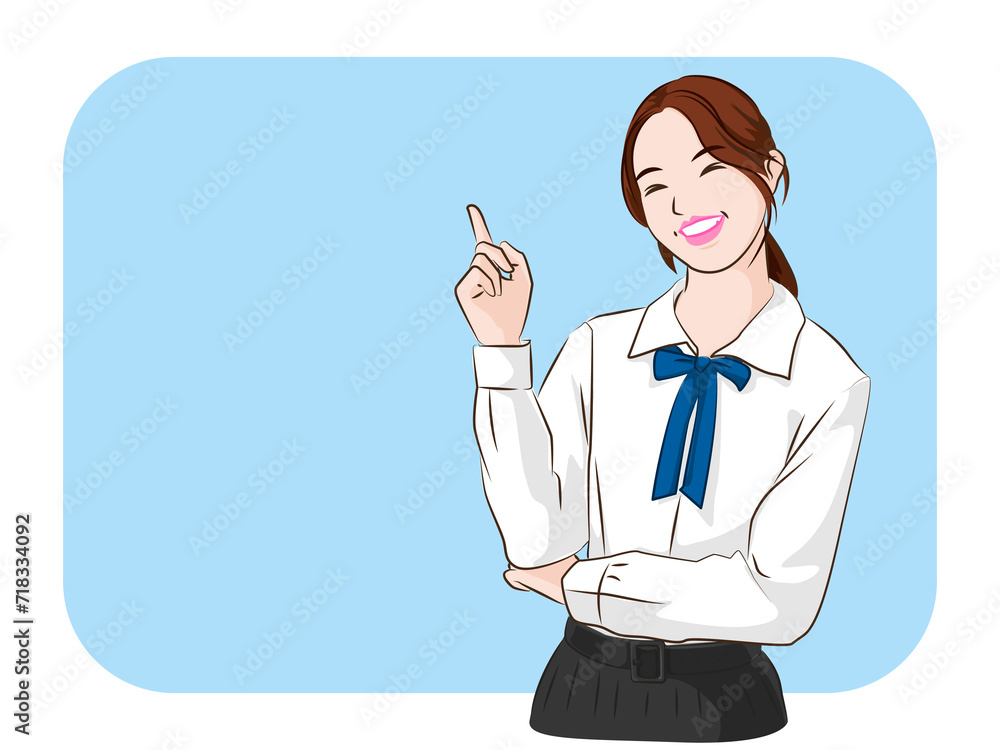 The young Asian student with uniform standing to presenting on the blue background. The young Asian student with uniform standing to presenting on the blue background.