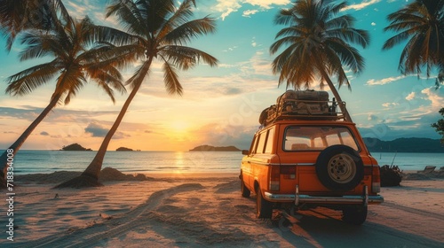 Travel, luxury car with luggage for relaxing on a tropical beach. sunset trip on palm beach, travel and summer holiday celebration. retro or vintage Postcard about freedom and outdoor recreation, park