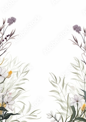  a floral border with white flowers and green leaves on a white background with a place for the text in the center. © Anna